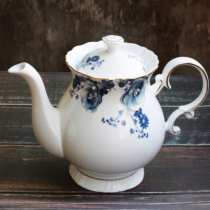 Jomop European Style Ceramic Flower Teapot Coffee Pot Water Pot Porcelain Gift Large 5.5 Cups (1, Blue and White) - Image 2
